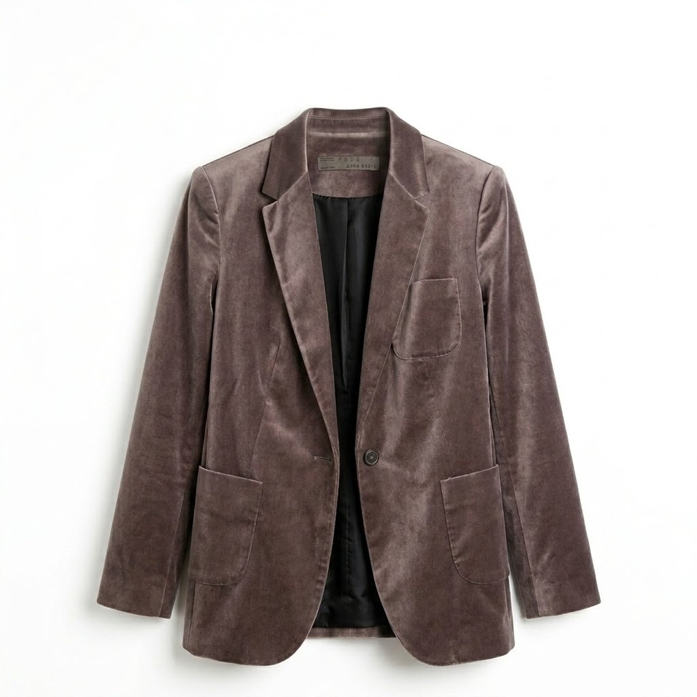Zara Basic Velvet Blazer Taupe Brown Single Button Size Small